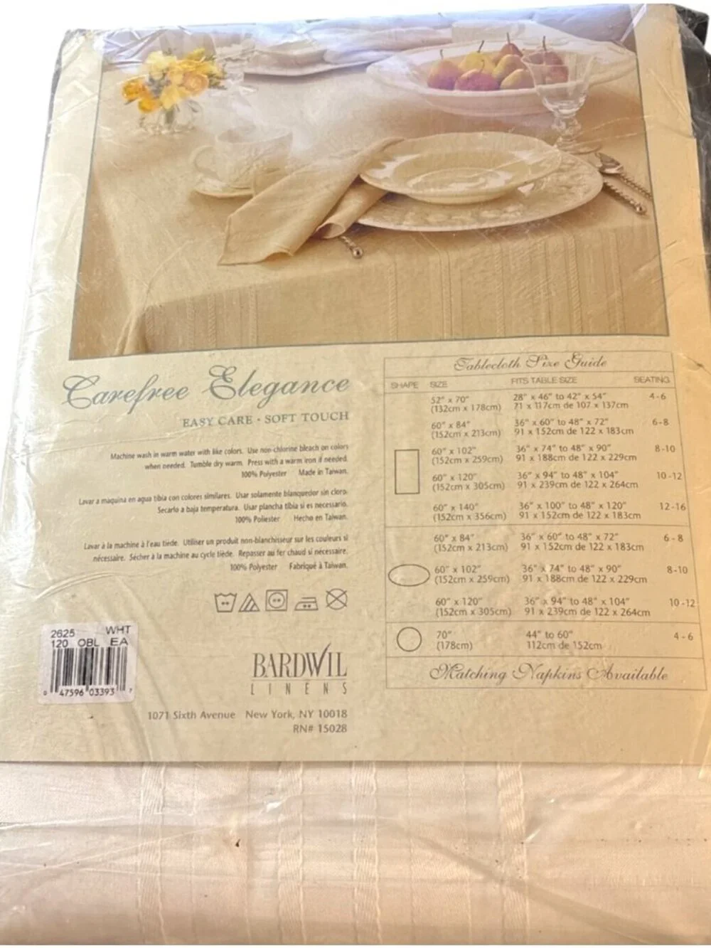 Bardwil Carefree Elegance Tablecloth 60 x 120 Oblong White Polyester Easy Care S